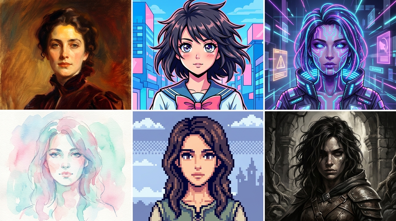 Six AI-generated portraits of the same person rendered in different styles: oil painting, anime, cyberpunk, watercolor, pixel art, and dark fantasy