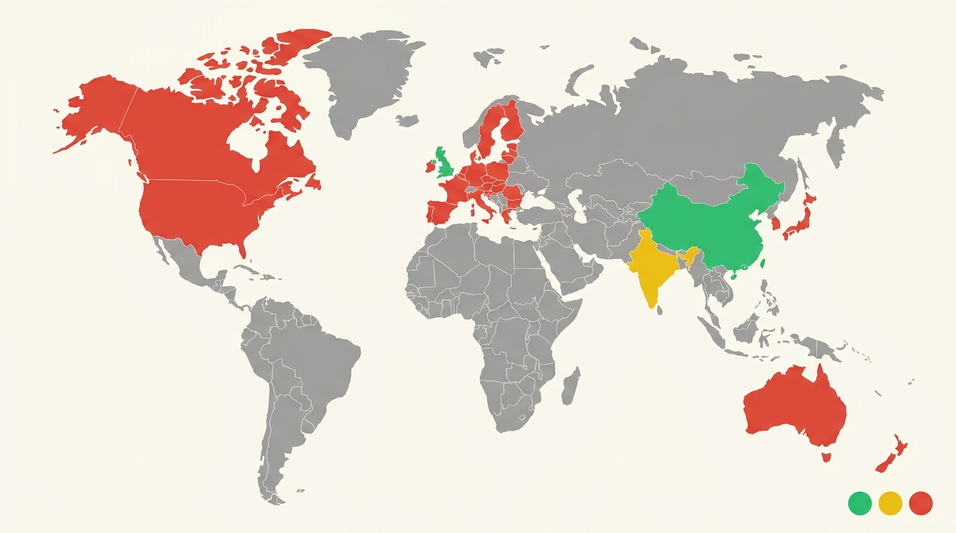Stylized world map showing how different countries treat copyright of AI-generated content — green for permissive, amber for unsettled, red for restrictive