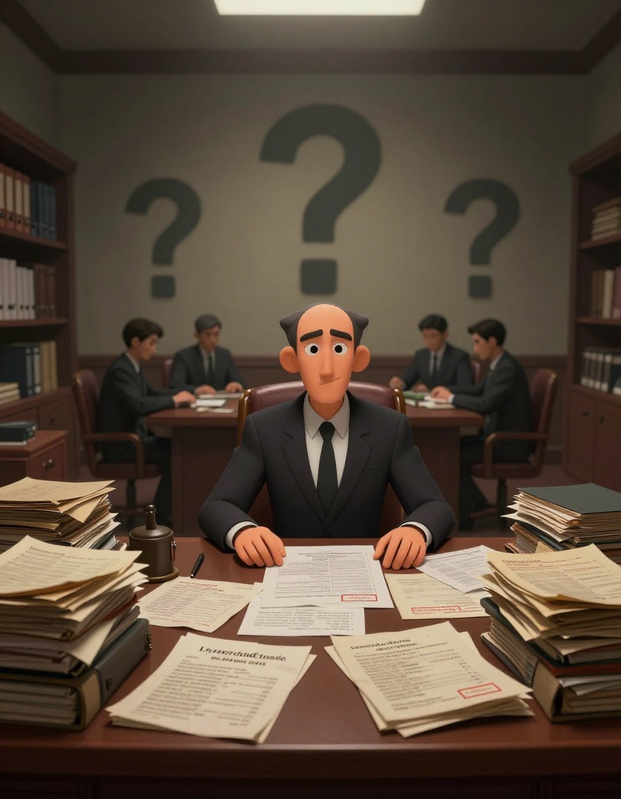 Art: Semi-Realistic 2D Animation Style, portrait 9:16, high quality, old government commission room filled with files and investigation reports stacked on desk, large documents stamped confidential, shadowy officials sitting around long table, giant question marks subtly appearing in background shadows, dramatic atmosphere, realistic paper textures, mystery mood