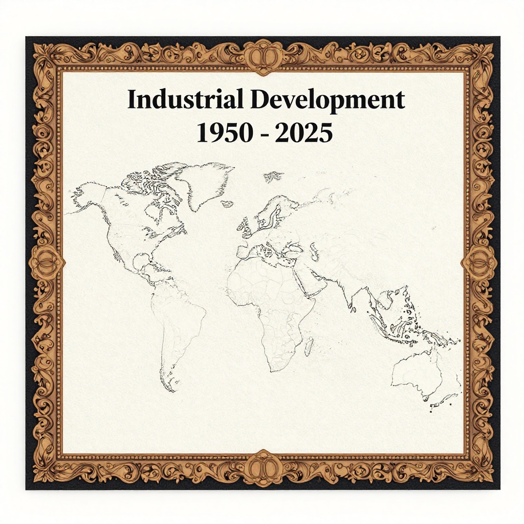 Art: Create a designed border of a4 size for my economic project for the topic  industrial development 1950 - 2025give me a creative out line border related to the topic make This into a slim one inch border give the design in realistic