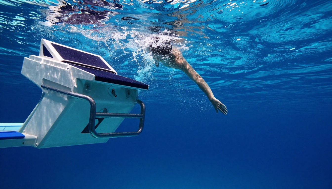 swimming starting block on the front on pool water backgroun...