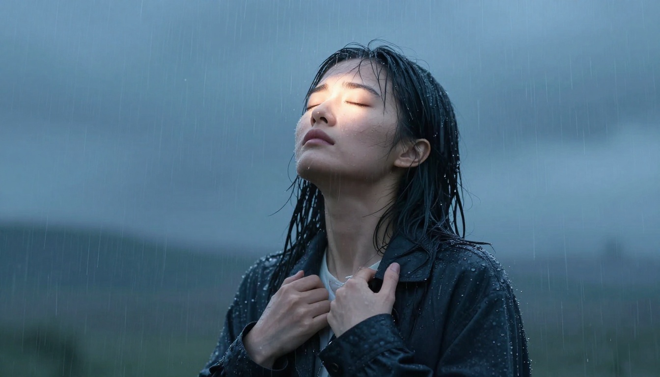 A woman standing in rain with eyes closed, light breaking th...