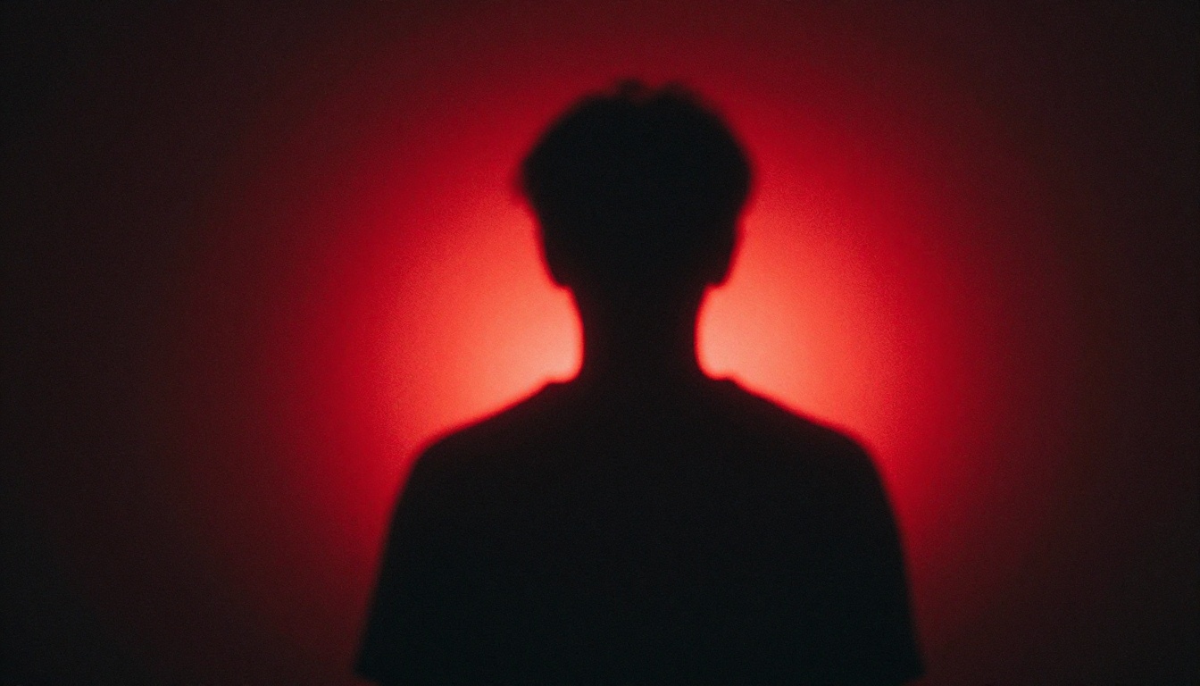 An artistic abstract shot of a silhouette in a dark room, ba...