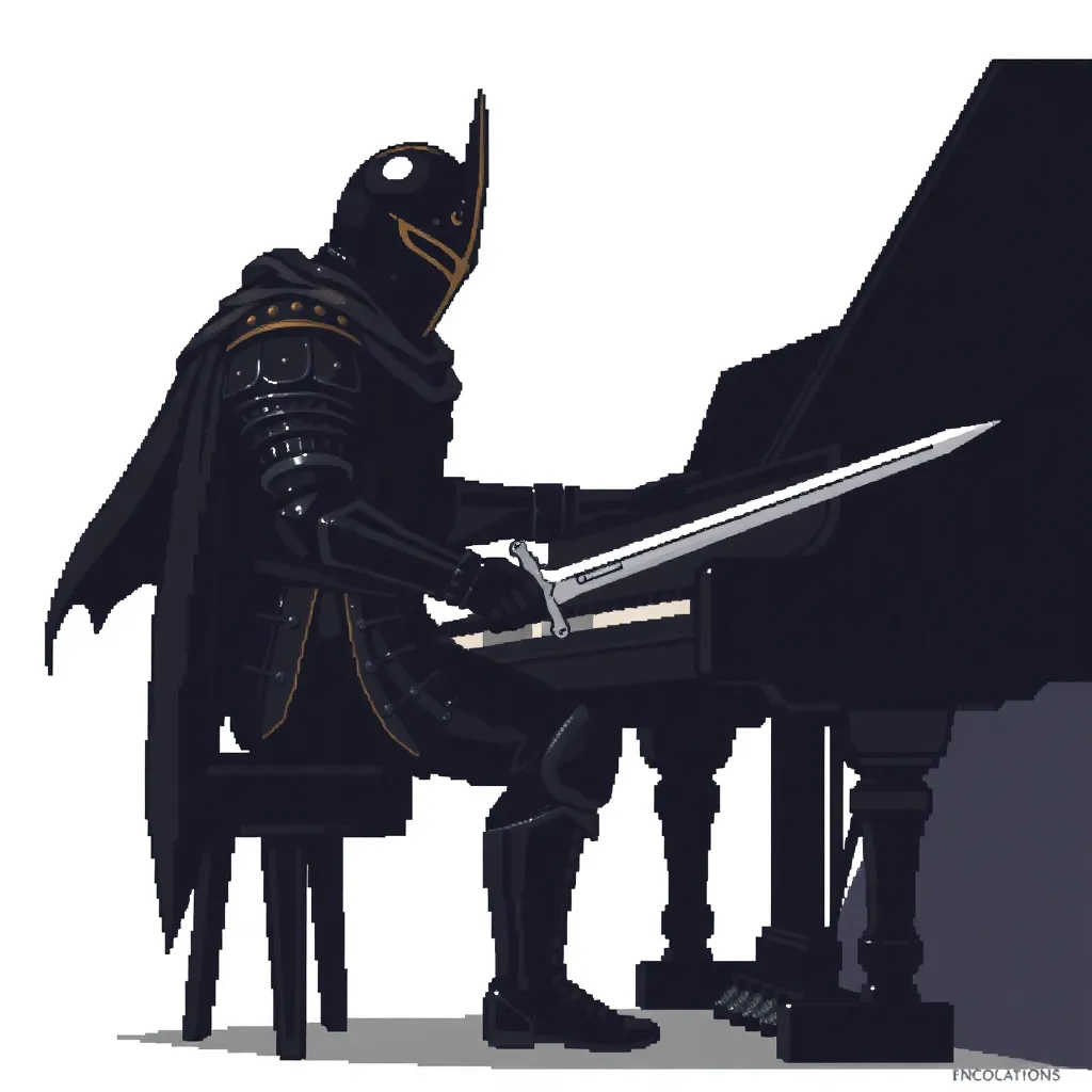 Art: Um cavaleiro negro , tocando um piano negro marfin fantasmagorico , com sentimento , capacete medieval pontudo em V , um longa espada reencostada no piano
