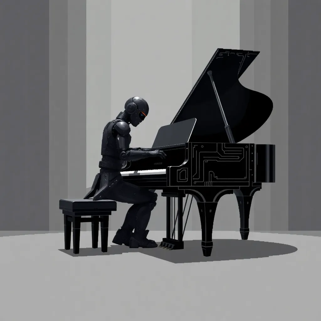 Art: A towering humanoid combat armor, full-body exoskeleton, brutal and angular silhouette, standing in a neutral pose, highly detailed sci-fi military armor, matte black and dark graphite metal plates with sharp edges and layered geometry.Helmet extremely detailed and dominant:the helmet has a predatory, angular design with a narrow, aggressive visor slit, resembling a horned knight mixed with a futuristic mech. Two asymmetric forward-facing horn-like protrusions emerge from the crown, sharp and blade-like, giving a demonic yet mechanical presence. The helmet’s surface is composed of overlapping armor plates with visible seams, recessed grooves, and glowing thin white circuit-like lines embedded into the metal.The faceplate is faceted and segmented, with no visible human features, completely inhuman. The visor is deep, shadowed, almost void-like, suggesting a sensor array rather than eyes. Small vents and slits are carved along the jawline and cheek plates, implying internal cooling systems. Subtle wear marks, micro-scratches, and battle scarring are visible across the helmet, especially around the edges and horns.The neck is reinforced with thick armored collars and mechanical joints, partially exposed pistons and cables connecting the helmet to the torso.Torso armor: heavy chest plating with layered angular panels, reinforced central breastplate, glowing white line patterns tracing across the armor like neural circuits. Thick shoulder pauldrons with sharp geometric edges, asymmetrical design, one shoulder bulkier than the other.Arms: massive armored arms with segmented plating, exposed mechanical joints at elbows, reinforced gauntlets with heavy knuckle plating. One arm holds a short, blade-like combat weapon integrated into the armor.Legs: thick armored thighs, reinforced knees with layered plates, heavy mechanical calves, and armored boots designed for stability and impact absorption.Overall aesthetic: dark sci-fi, militaristic, intimidating, anime-mecha influence mixed with western concept art realism. High contrast lighting, white background, concept art style, ultra high detail, sharp focus, dramatic shadows, industrial sci-fi atmosphere. , tocando um piano negro marfin fantasmagorico , com sentimento , capacete medieval pontudo em V , um longa espada reencostada no piano