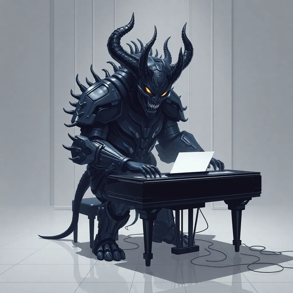 Art: A towering humanoid combat armor, full-body exoskeleton, brutal and angular silhouette, standing in a neutral pose, highly detailed sci-fi military armor, matte black and dark graphite metal plates with sharp edges and layered geometry.Helmet extremely detailed and dominant:the helmet has a predatory, angular design with a narrow, aggressive visor slit, resembling a horned knight mixed with a futuristic mech. Two asymmetric forward-facing horn-like protrusions emerge from the crown, sharp and blade-like, giving a demonic yet mechanical presence. The helmet’s surface is composed of overlapping armor plates with visible seams, recessed grooves, and glowing thin white circuit-like lines embedded into the metal.The faceplate is faceted and segmented, with no visible human features, completely inhuman. The visor is deep, shadowed, almost void-like, suggesting a sensor array rather than eyes. Small vents and slits are carved along the jawline and cheek plates, implying internal cooling systems. Subtle wear marks, micro-scratches, and battle scarring are visible across the helmet, especially around the edges and horns.The neck is reinforced with thick armored collars and mechanical joints, partially exposed pistons and cables connecting the helmet to the torso.Torso armor: heavy chest plating with layered angular panels, reinforced central breastplate, glowing white line patterns tracing across the armor like neural circuits. Thick shoulder pauldrons with sharp geometric edges, asymmetrical design, one shoulder bulkier than the other.Arms: massive armored arms with segmented plating, exposed mechanical joints at elbows, reinforced gauntlets with heavy knuckle plating. One arm holds a short, blade-like combat weapon integrated into the armor.Legs: thick armored thighs, reinforced knees with layered plates, heavy mechanical calves, and armored boots designed for stability and impact absorption.Overall aesthetic: dark sci-fi, militaristic, intimidating, anime-mecha influence mixed with western concept art realism. High contrast lighting, white background, concept art style, ultra high detail, sharp focus, dramatic shadows, industrial sci-fi atmosphere. , tocando um piano negro marfin fantasmagorico , com sentimento , capacete medieval pontudo em V , um longa espada reencostada no piano