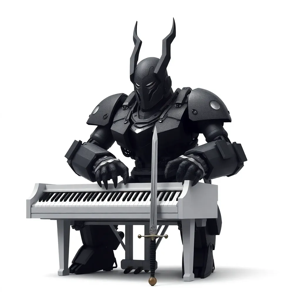 Art: A towering humanoid combat armor, full-body exoskeleton, brutal and angular silhouette, standing in a neutral pose, highly detailed sci-fi military armor, matte black and dark graphite metal plates with sharp edges and layered geometry.Helmet extremely detailed and dominant:the helmet has a predatory, angular design with a narrow, aggressive visor slit, resembling a horned knight mixed with a futuristic mech. Two asymmetric forward-facing horn-like protrusions emerge from the crown, sharp and blade-like, giving a demonic yet mechanical presence. The helmet’s surface is composed of overlapping armor plates with visible seams, recessed grooves, and glowing thin white circuit-like lines embedded into the metal.The faceplate is faceted and segmented, with no visible human features, completely inhuman. The visor is deep, shadowed, almost void-like, suggesting a sensor array rather than eyes. Small vents and slits are carved along the jawline and cheek plates, implying internal cooling systems. Subtle wear marks, micro-scratches, and battle scarring are visible across the helmet, especially around the edges and horns.The neck is reinforced with thick armored collars and mechanical joints, partially exposed pistons and cables connecting the helmet to the torso.Torso armor: heavy chest plating with layered angular panels, reinforced central breastplate, glowing white line patterns tracing across the armor like neural circuits. Thick shoulder pauldrons with sharp geometric edges, asymmetrical design, one shoulder bulkier than the other.Arms: massive armored arms with segmented plating, exposed mechanical joints at elbows, reinforced gauntlets with heavy knuckle plating. One arm holds a short, blade-like combat weapon integrated into the armor.Legs: thick armored thighs, reinforced knees with layered plates, heavy mechanical calves, and armored boots designed for stability and impact absorption.Overall aesthetic: dark sci-fi, militaristic, intimidating, anime-mecha influence mixed with western concept art realism. High contrast lighting, white background, concept art style, ultra high detail, sharp focus, dramatic shadows, industrial sci-fi atmosphere. , tocando um piano negro marfin fantasmagorico , com sentimento , capacete medieval pontudo em V , um longa espada reencostada no piano