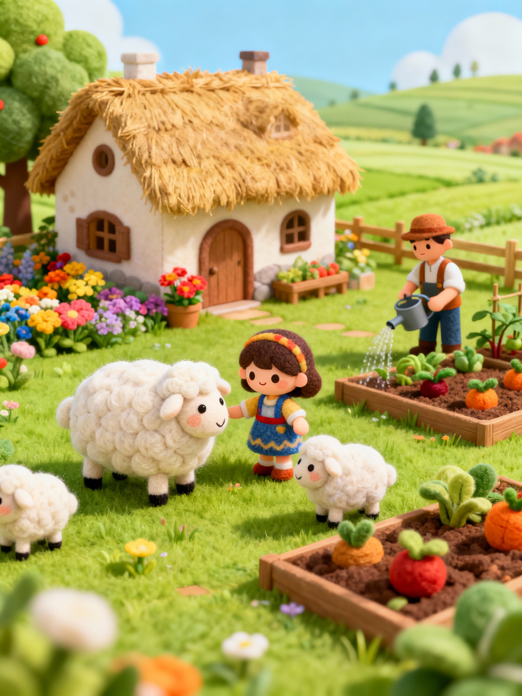 Create a charming diorama that depicts a cozy woolly farm in...