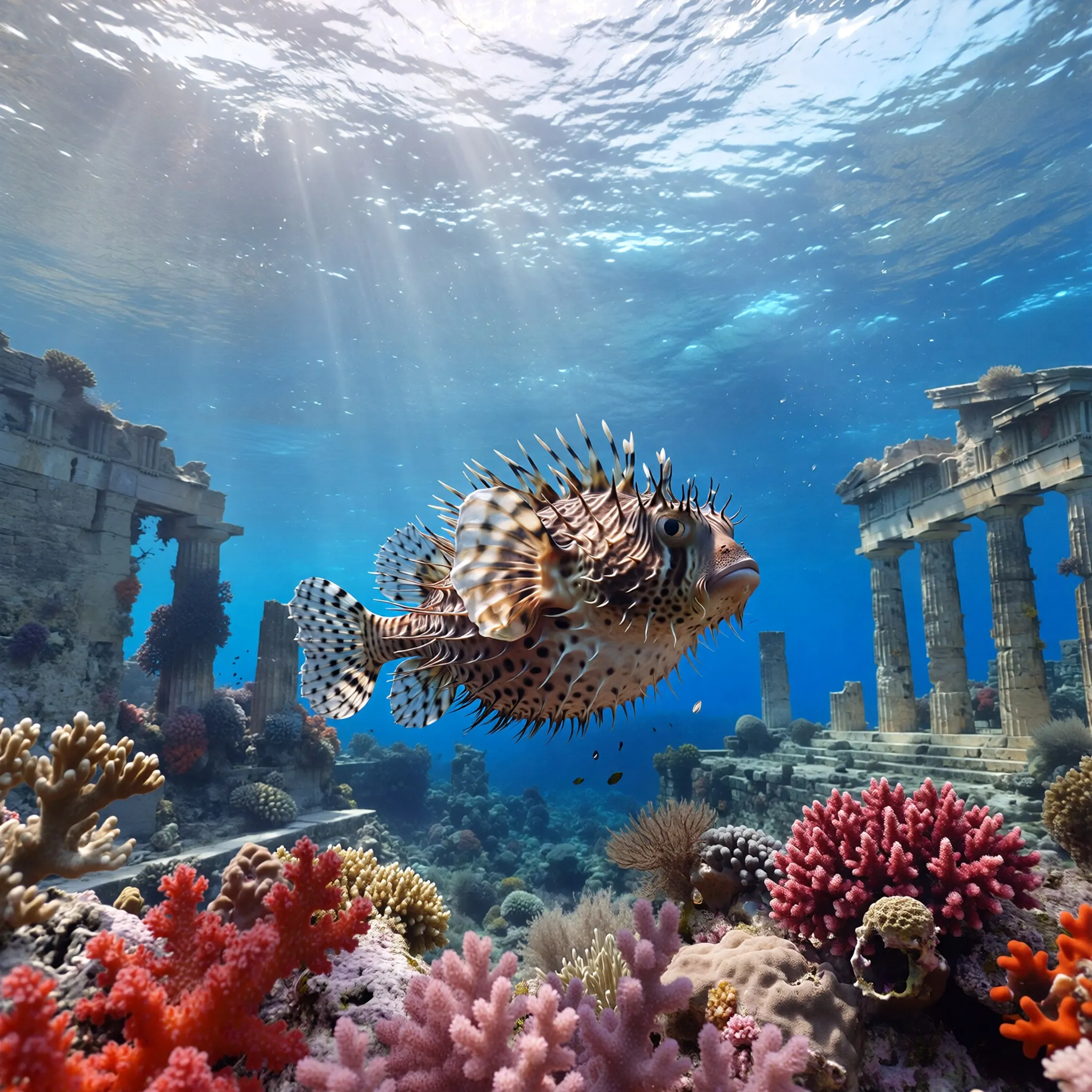Art: Hyperrealistic hedgehog fish swims through the water among an underwater city with ancient buildings and corals, soft diffused underwater lighting with rays of light passing through the water, color palette in marine tones — turquoise, deep blue, aquamarine, calm and serene mood, cinematic composition, medium shot, slight depth of field, high detail, ultra realism, 8K.