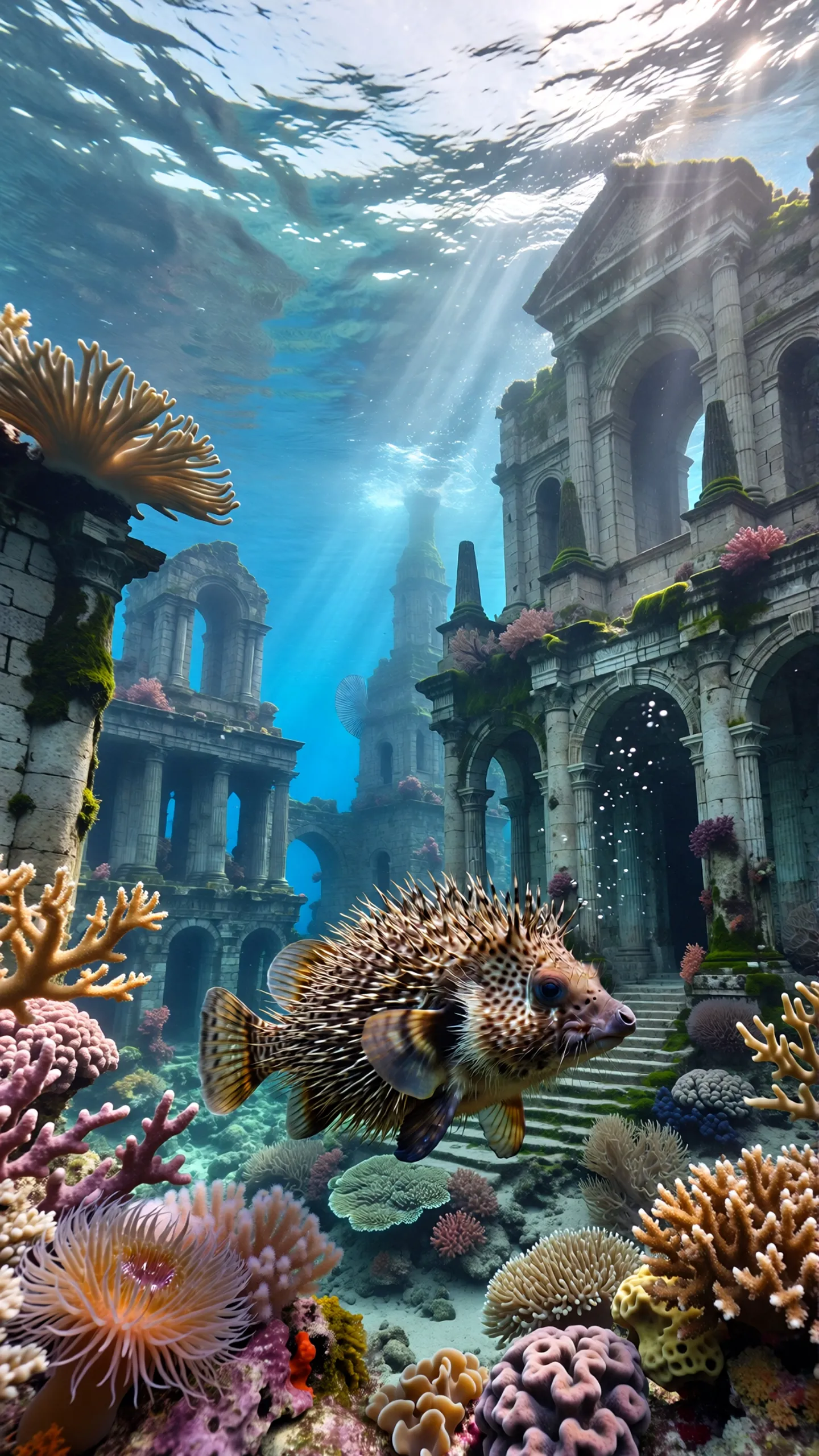 Art: Hyperrealistic hedgehog fish swims through the water among an underwater city with ancient buildings and corals, soft diffused underwater lighting with rays of light passing through the water, color palette in marine tones — turquoise, deep blue, aquamarine, calm and serene mood, cinematic composition, medium shot, slight depth of field, high detail, ultra realism, 8K.