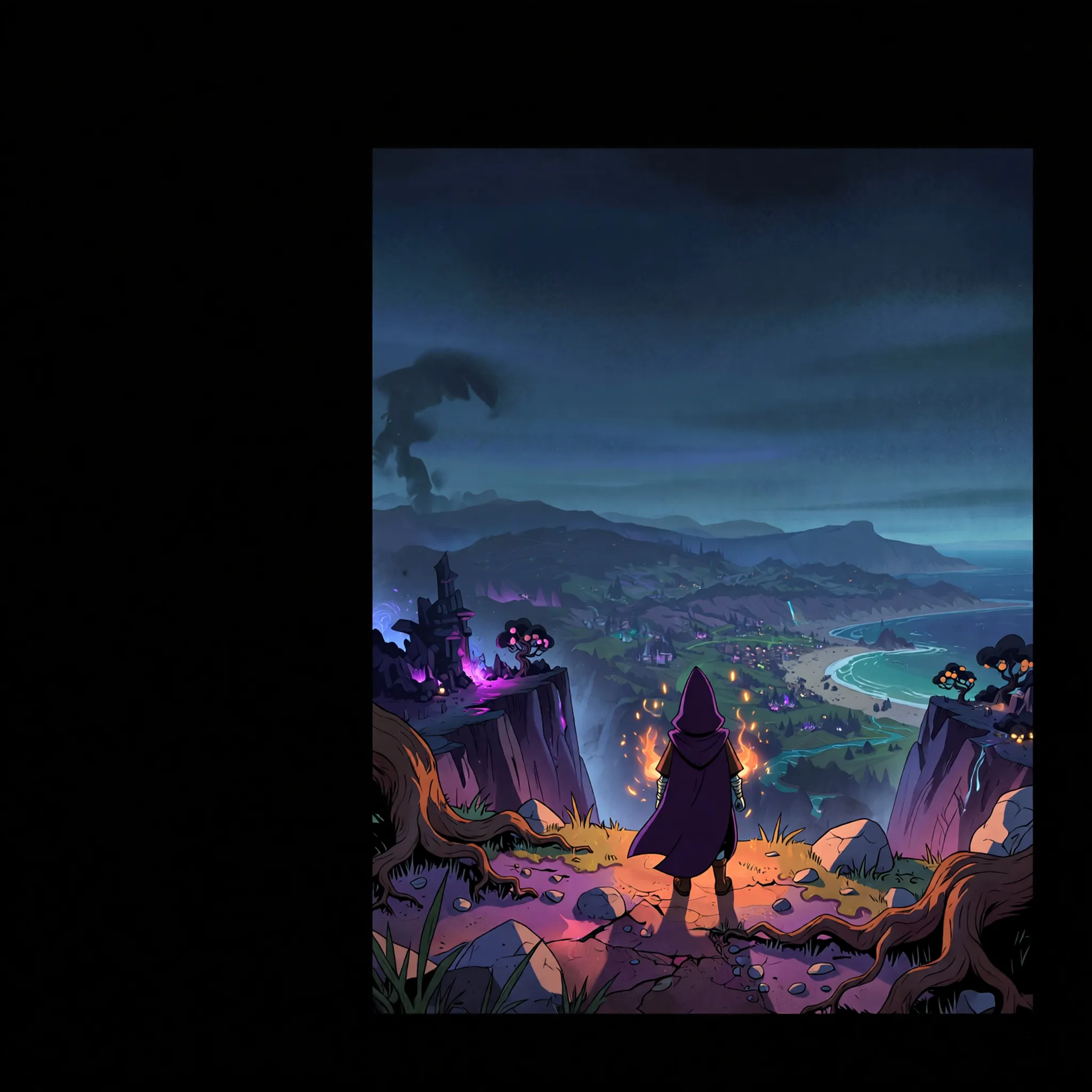 Art: Create a square (1:1) illustration in the style of Gravity Falls: cartoonish, atmospheric, mysterious, with a sense of adventure and supernatural power. Non-photorealistic, clean linework, expressive shapes, soft yet dramatic lighting.Scene composition:The lower 4/10 of the image is the foreground — the edge of a cliff. The cliff is uneven and natural, with grass blades, small stones, cracks in the ground, and exposed roots. The terrain is stylized and cartoon-like.Standing at the very edge of the cliff is a Gravity Falls–style character. The character wears a purple cloak with a hood pulled over their head. The face is partially hidden in shadow. The character is facing away from the viewer or slightly turned, looking into the distance toward the valley. Sparks and flames emanate from the character, softly illuminating the cliff edge, ground, and nearby rocks. The light is warm, with orange and violet tones, emphasizing the character’s magical nature.Midground and background:Around 7/10 of the image height lies a coastline. Below it stretches a valley with rolling hills and elevations. In the valley, include:small buildings and silhouettes of structures,trees bearing strange glowing fruits or leaves,faint magical lights hinting at life or mystery.On the right side of the valley, a winding river flows into the sea, subtly reflecting the dim light of the sky and magic around it.Far background:Beyond the coastline lies a dark sea and a starry night sky. The stars are sparse and subdued. The farther the scene is from the character, the darker and more ominous it becomes. The valley background can be almost completely black, with subtle hints of cold colors (deep blue, violet, emerald) to suggest depth and unknown danger.Lighting and mood:The primary light source is the fire and sparks surrounding the character. The light fades gradually with distance. The contrast between the warm foreground glow and the nearly black background should be strong. Overall mood: mystical, ominous, epic, and cinematic — a moment that feels important and fate-defining.