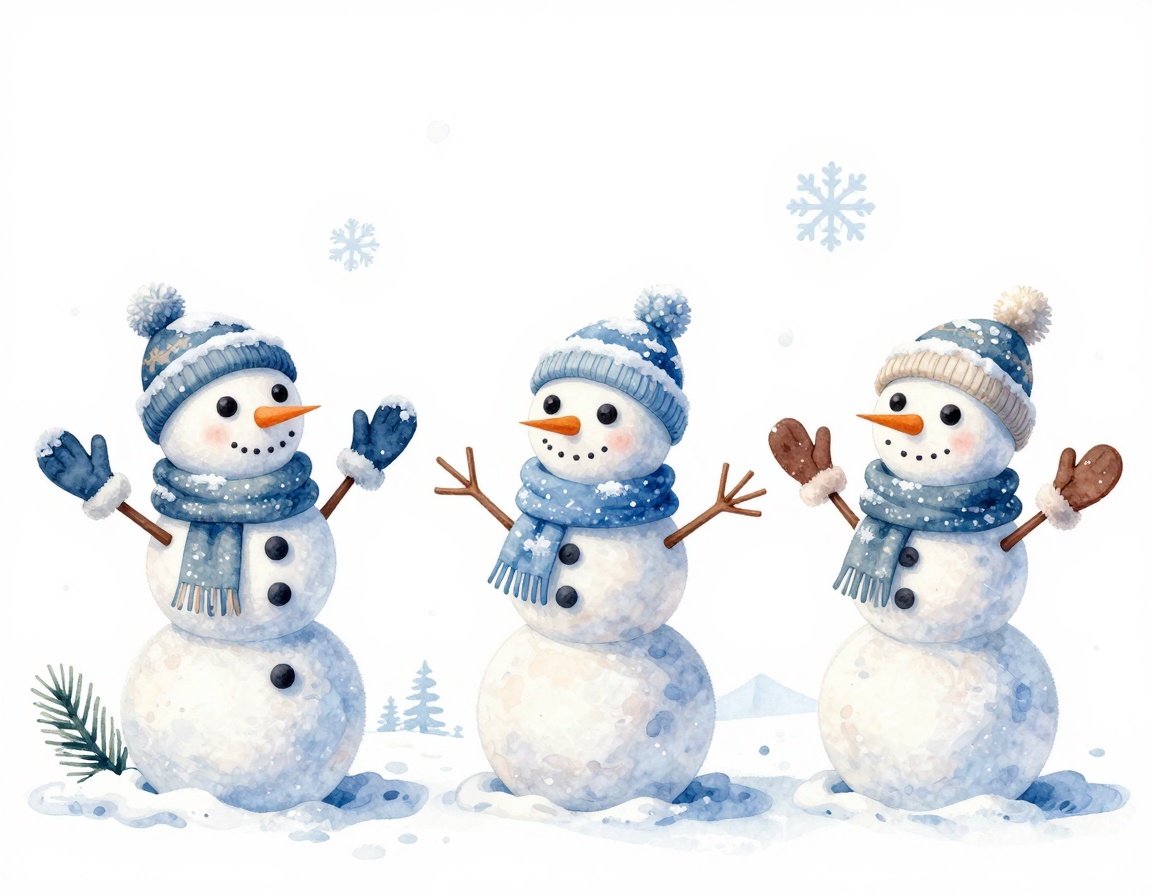 Art: Classic watercolor oil paintings. Subject: A series of four distinctive classic snowmen.Description: Each snowman is a unique individual. Each snowman wears winter accessories: long fur-lined winter gloves, matching hats, and is covered with a thin layer of snow. These figures vary in appearance, clothing, decorations, and poses, and are set against diverse winter backgrounds. The scenes include subtle winter elements such as falling snow, pine trees, or simple winter landscapes.Style/Aesthetics: The artwork is painted in a vibrant and detailed watercolor style, suitable for printing. The work has an aesthetic inspired by high-quality, intricate paper crafts, or drawings from an old notebook or storybook. The technique focuses on clear, deliberate brushstrokes, high precision, and bright, cheerful colors. The overall look is a detailed and whimsical cartoon style on pure white backgrounds to highlight the artwork. The composition of each image is carefully framed to showcase the unique personality of the snowman and the surrounding winter scene.