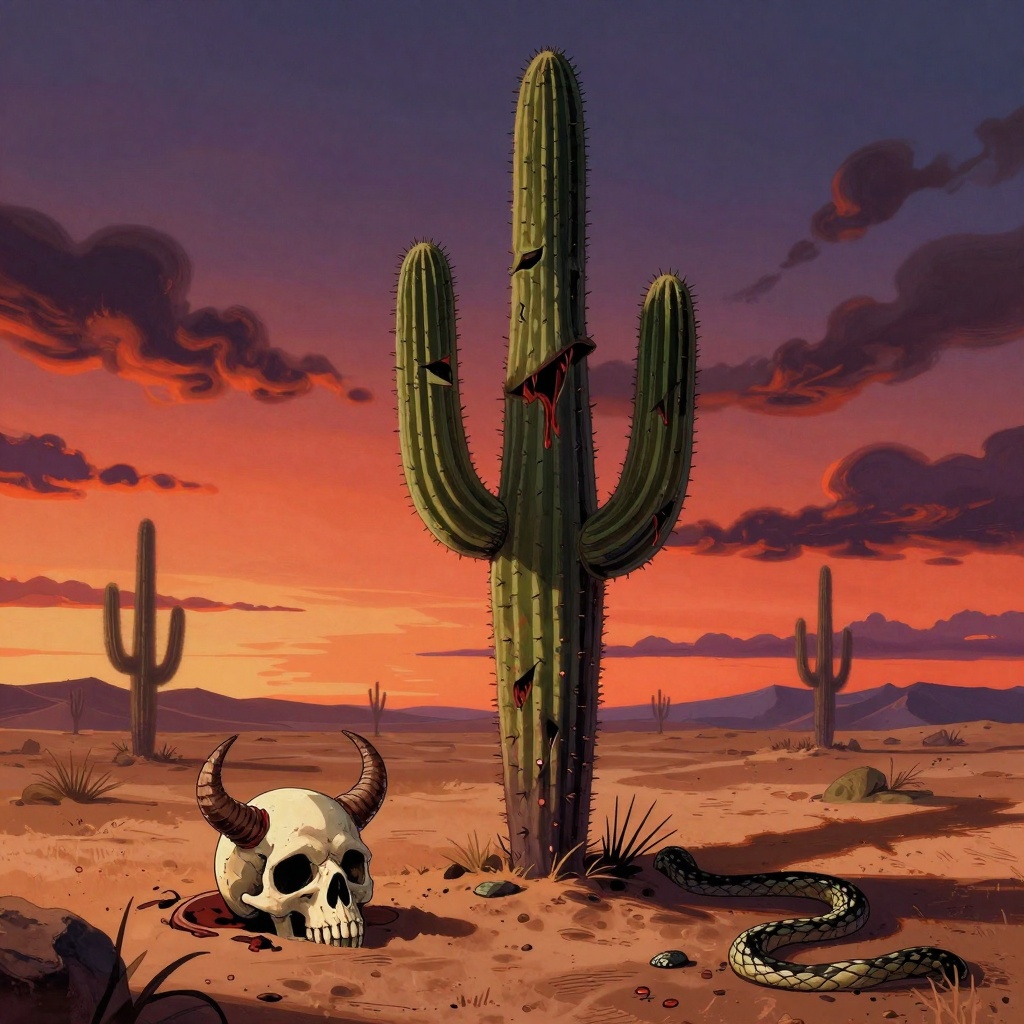 Art: Superjail!-inspired gritty animation, unhinged psychedelic shifts with baroque details and graphic violence, colorful but dark palette. Barren desert scene at sunset, tall saguaro cactus dominant vertically, warped and expressive like cartoon grotesque. Small realistic horned demon skull in foreground sand, dwarfed by cactus, no more than 1/4 frame height, bones and snake coiled nearby. Surreal distortions in sky and ground, long shadows, raw textured brushstrokes, moody carnage atmosphere, realistic proportions with high energy.