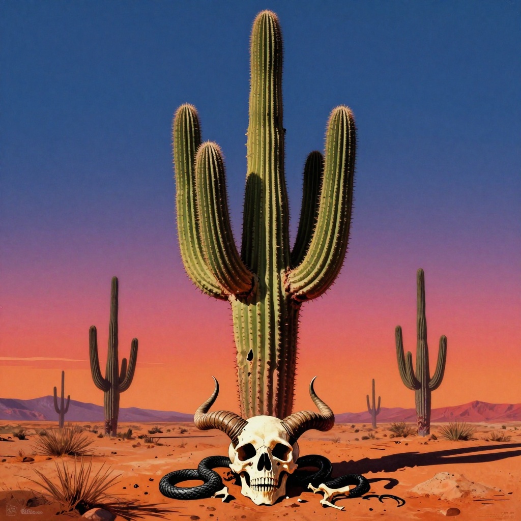Art: etro 50s sci-fi film poster art, sensational imagery with vivid saturated palette and bold exaggerated features, Mid-Century Modern influences. Barren desert at dusk, massive saguaro cactus vertical dominant, warped like forbidden planet monster. Small realistic demon-horned skull in lower foreground, dwarfed by cactus (1/4 frame height), with dry bones and black snake as eerie details. Dramatic low-angle lighting, jagged shadows, atomic age haze in sky, balanced depth, no oversized elements, hand-painted texture for poster authenticity.