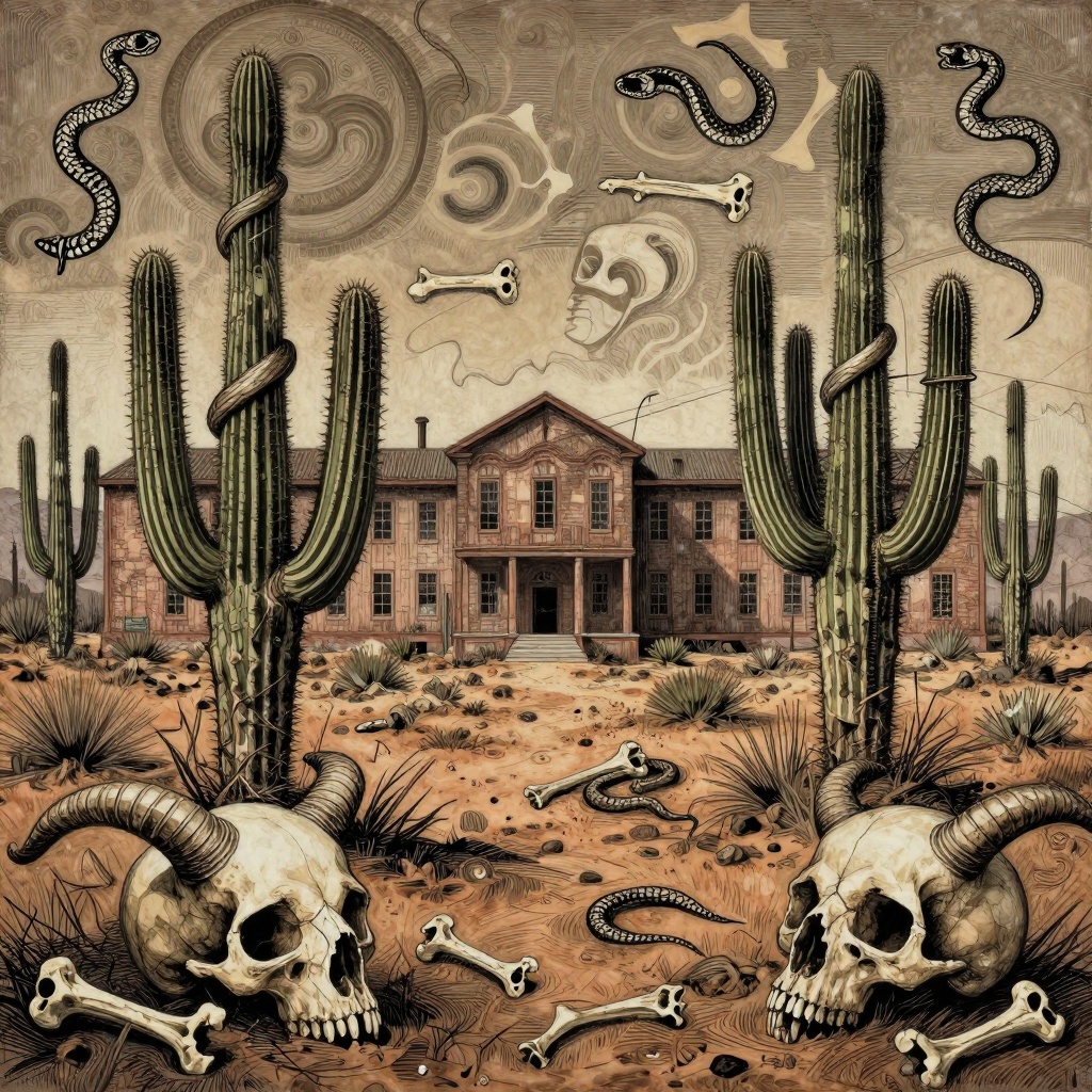 Art: Bedlam asylum-inspired outsider art, chaotic raw madness with obsessive details, fragmented forms and institutional despair vibe. Desert wasteland reimagined as mad landscape, tall saguaro cactus twisted obsessively, small horned skull foreground with frantic hatching, scattered bones and snake in repetitive patterns. High detail in texture, unbalanced yet intense composition, earthy tones with stark contrasts.