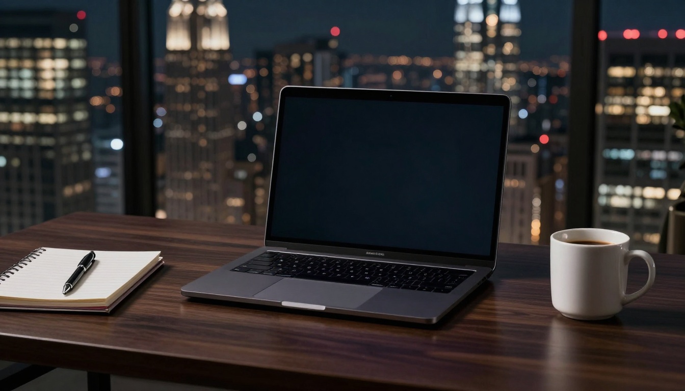 pov sitting in a dark premium wooden desk, with a dark lapto...