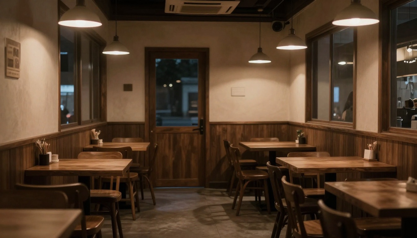 photorealistic cozy cafe interior at night, soft warm lighti...