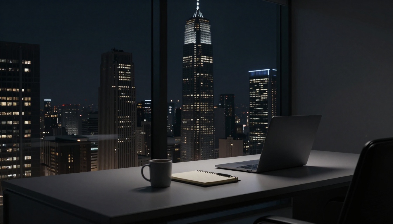 photorealistic minimal premium office in skyscrapper at nigh...