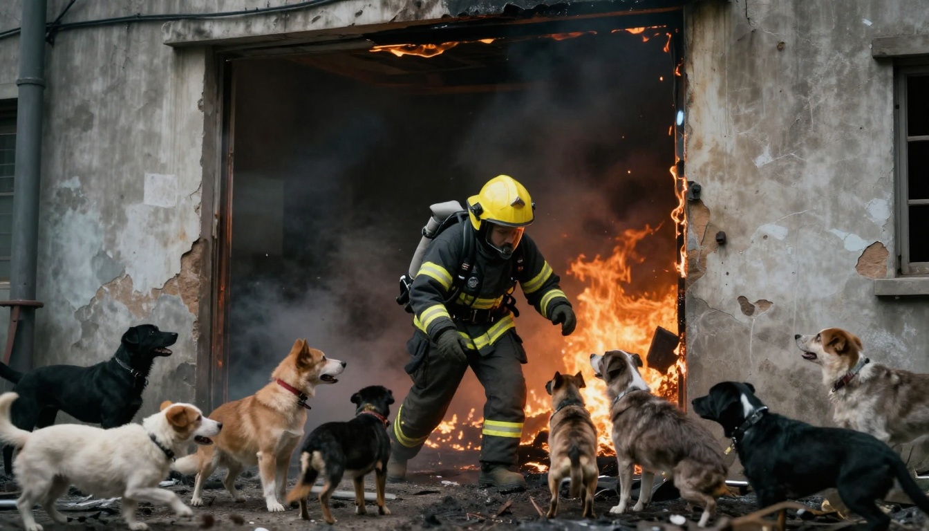 a fire fighter saving some pets from a burining building