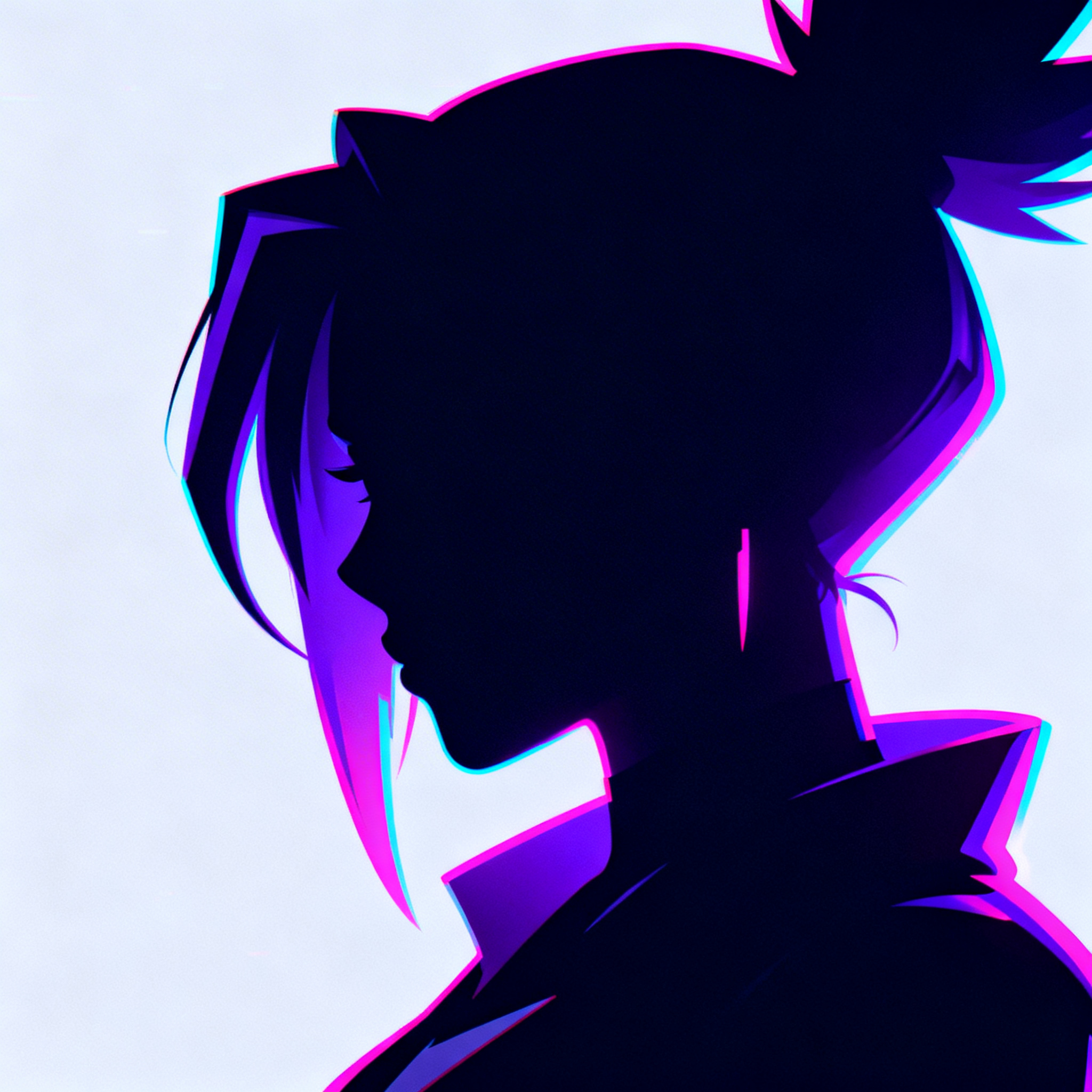 Profile Picture: Minimalist profile picture of Reyna from Valorant, dark silhouette with glowing purple/pink/blue neon aura, mysterious and edgy, modern aesthetic, clean design, slight glitch effect, aesthetic gaming vibe”
