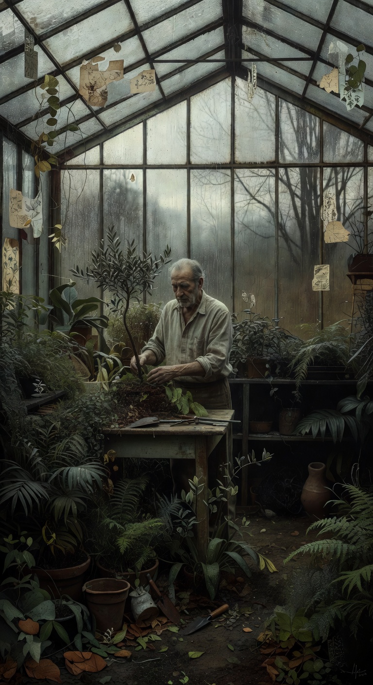 Art: An elderly man stands alone inside a vast greenhouse overtaken by time, surrounded by tall fogged glass panels streaked with rain and dense overgrown plants reaching into shadow. He gently trims a small olive tree placed on a worn wooden table, his movements slow and deliberate, expression calm but heavy with reflection. The lighting is entirely different from harsh spotlight illumination: muted overcast daylight filters diffusely through the wet glass ceiling above, creating a soft silver-gray atmosphere with delicate reflections and natural gradients of light across the scene. Moisture in the air catches the dim daylight, forming a faint haze that softens edges and deepens the contemplative mood. His aged face, lined hands, and simple linen shirt emerge gradually from the subdued environment rather than from stark contrast. Around him are scattered gardening tools, clay pots, fallen leaves, and shelves holding neglected plants fading into darker corners of the greenhouse. Outside the glass, vague silhouettes of bare winter trees are barely visible through condensation and rain. The composition feels intimate yet expansive, emphasizing quiet routine, patience, and inner discipline rather than overt symbolism. Rich blacks remain present in the background recesses, but the tonal range is broader, with soft grays, muted sepia undertones, and natural reflected light creating depth and realism. Intricate textures of wet glass, aged wood, damp soil, wrinkled skin, and foliage are rendered with subtle oil brushwork and museum-quality realism inspired by melancholic European master paintings, dramatic baroque oil painting, atmospheric diffused lighting, cinematic shadows, contemplative stoic atmosphere, masterpiece, best quality, intricate details, oil on canvas texture --ar 9:16