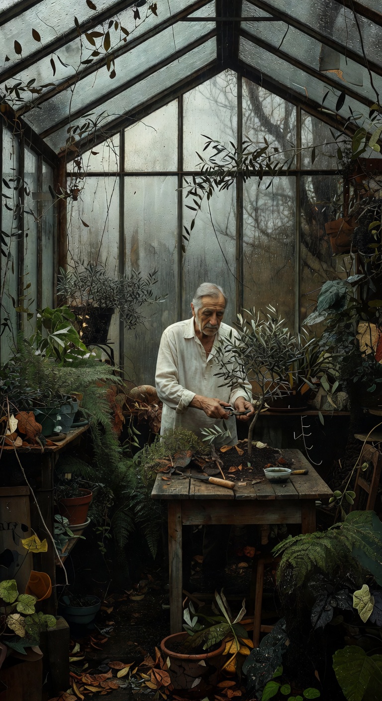 Art: An elderly man stands alone inside a vast greenhouse overtaken by time, surrounded by tall fogged glass panels streaked with rain and dense overgrown plants reaching into shadow. He gently trims a small olive tree placed on a worn wooden table, his movements slow and deliberate, expression calm but heavy with reflection. The lighting is entirely different from harsh spotlight illumination: muted overcast daylight filters diffusely through the wet glass ceiling above, creating a soft silver-gray atmosphere with delicate reflections and natural gradients of light across the scene. Moisture in the air catches the dim daylight, forming a faint haze that softens edges and deepens the contemplative mood. His aged face, lined hands, and simple linen shirt emerge gradually from the subdued environment rather than from stark contrast. Around him are scattered gardening tools, clay pots, fallen leaves, and shelves holding neglected plants fading into darker corners of the greenhouse. Outside the glass, vague silhouettes of bare winter trees are barely visible through condensation and rain. The composition feels intimate yet expansive, emphasizing quiet routine, patience, and inner discipline rather than overt symbolism. Rich blacks remain present in the background recesses, but the tonal range is broader, with soft grays, muted sepia undertones, and natural reflected light creating depth and realism. Intricate textures of wet glass, aged wood, damp soil, wrinkled skin, and foliage are rendered with subtle oil brushwork and museum-quality realism inspired by melancholic European master paintings, dramatic baroque oil painting, atmospheric diffused lighting, cinematic shadows, contemplative stoic atmosphere, masterpiece, best quality, intricate details, oil on canvas texture --ar 9:16